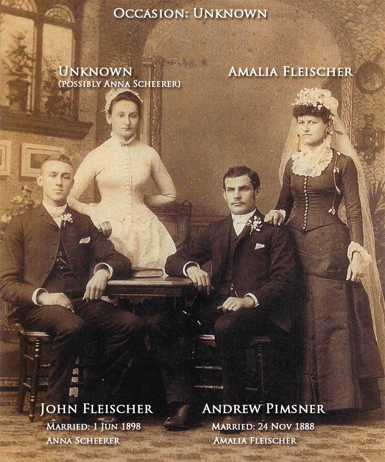 Pimsner (Fleischer) 2
Possible wedding photo of Andrew Pimser and Amalia Fleischer. They married Nov 1888 in Cleveland OH. (Note: Anna is the sister of Amalia, married to Andrew, brother of Simon. John Fleischer is the brother of Anna and Amalia.)